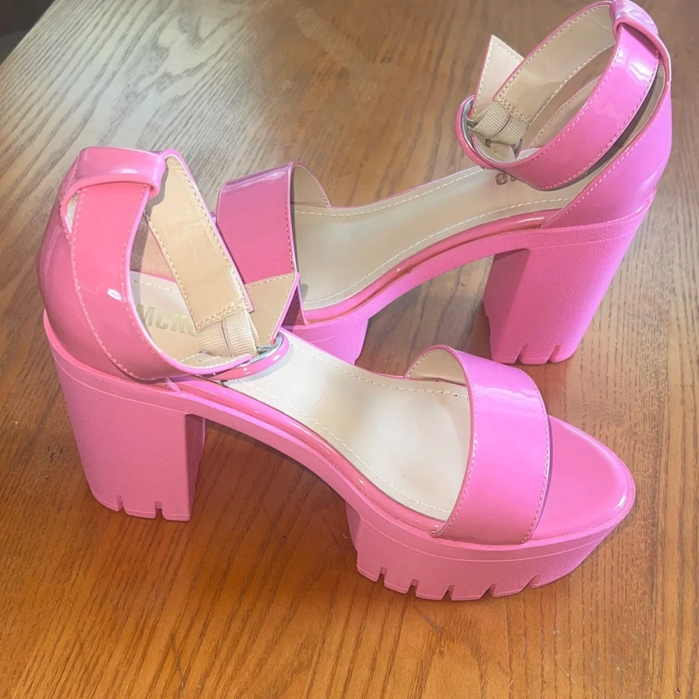 Platform Block Heel Sandals in Bright Pink